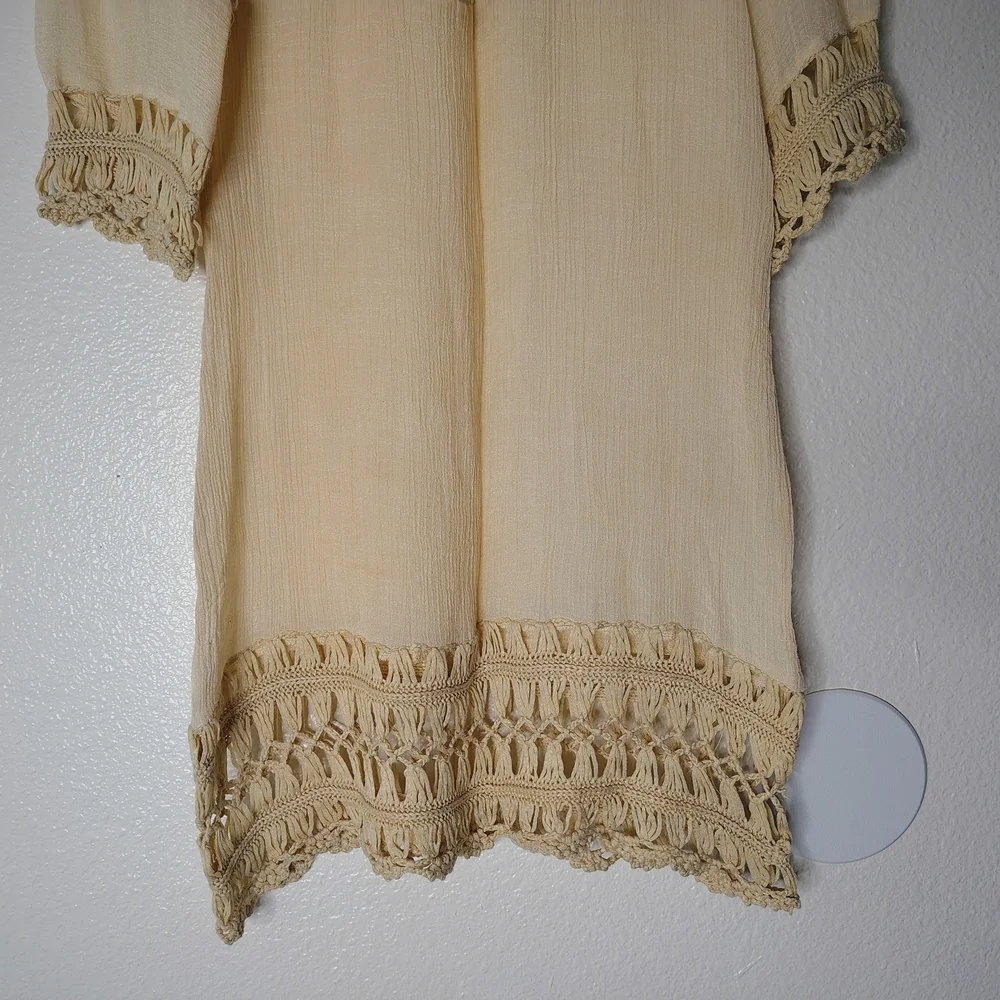 Boho Beige Crochet Mesh Midi Dress Cover Up S/M Solid Neutral Festival Beach - Picture 13 of 15